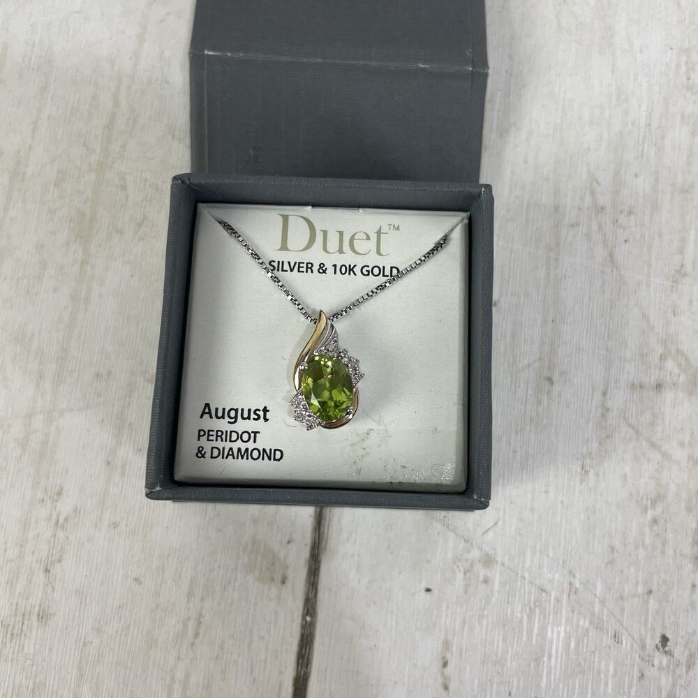 Duet 925 Sterling Silver & 10K Gold Peridot & Diamond Pendant Necklace - New